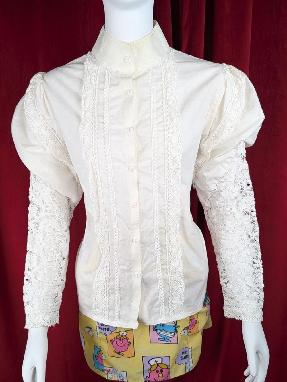 Recollections White Mira Victorian 100% Cotton Lace Trim Mock Neck Blouse